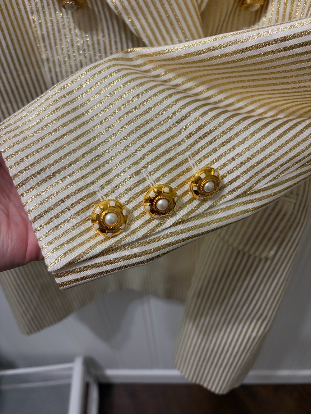 Vintage ESCADA Margaretha Ley Gold Metallic Stripe Double Breasted Blazer 42 - Picture 8 of 12